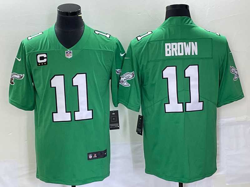 Mens Philadelphia Eagles #11 AJ Brown Green C Patch 2023 Vapor Limited Throwback Jersey